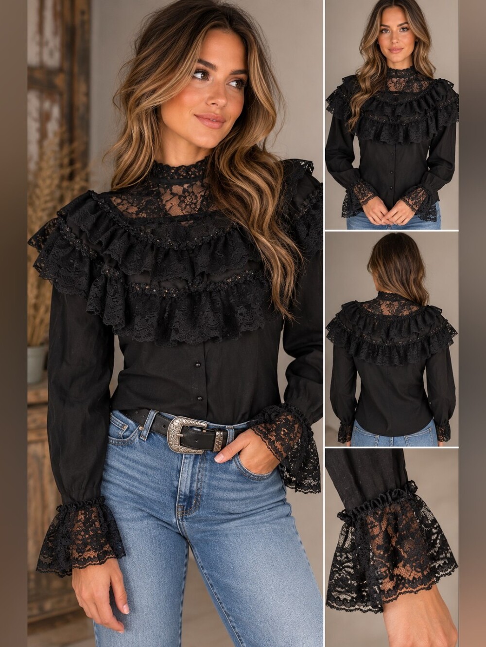 Western Collection Vintage Black Lace Ruffle Victorian Gothic Blouse Size S